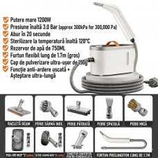 Aparat de curățat cu aburi 1200W (120°C, 750 ml) — Curățare și dezinfectare profesională cu 6 accesorii